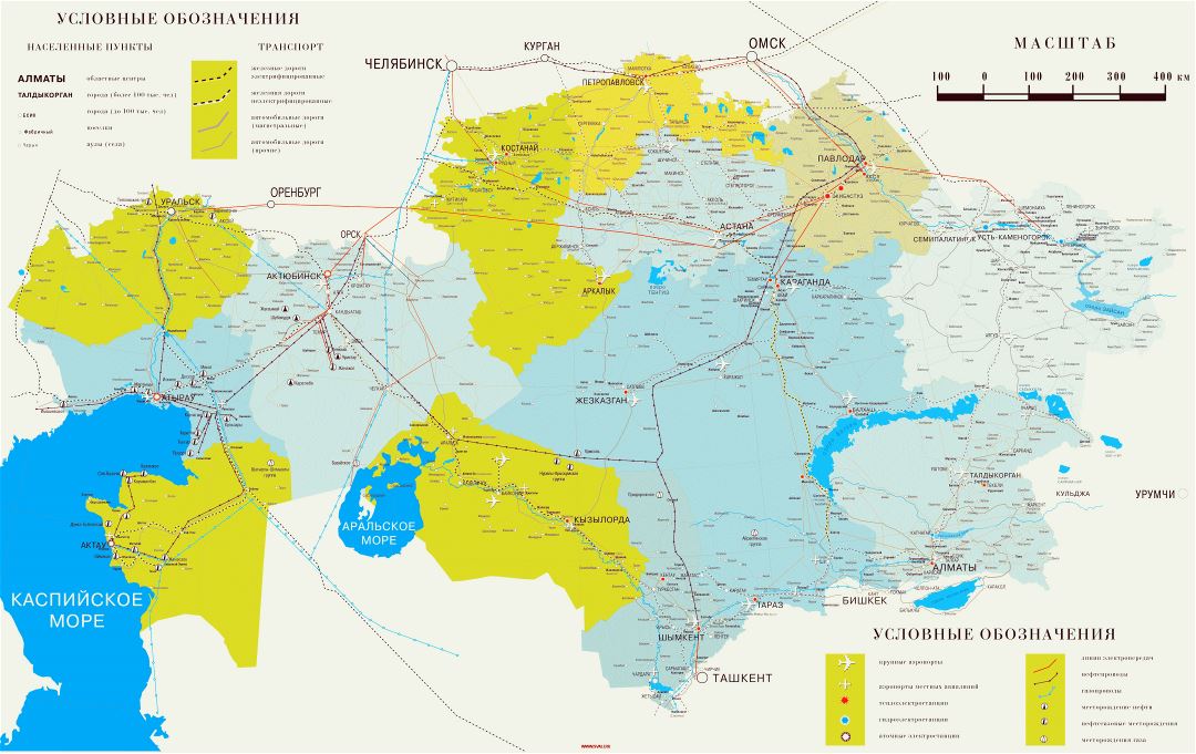 Large detailed road map of Kazakhstan in russian