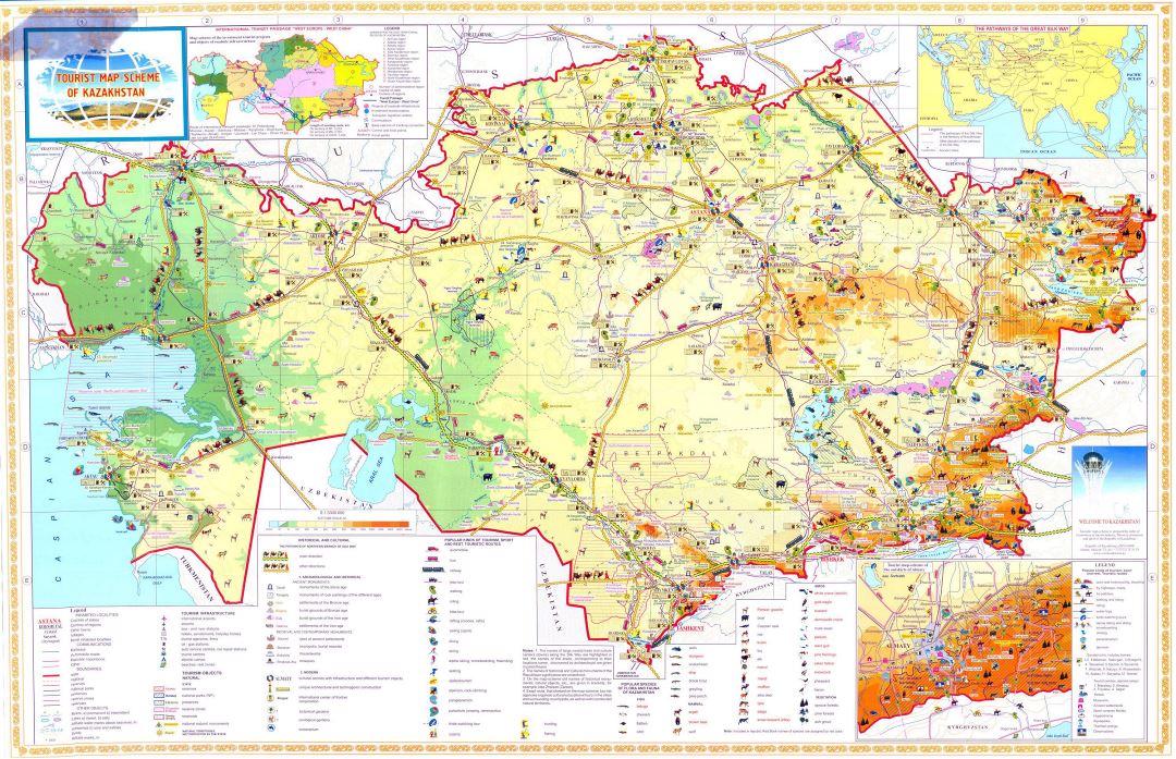 Large detailed tourist map of Kazakhstan
