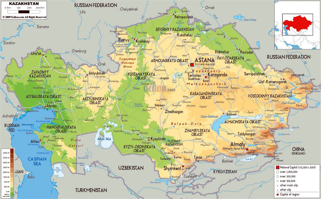 Large physical map of Kazakhstan with roads, cities and airports