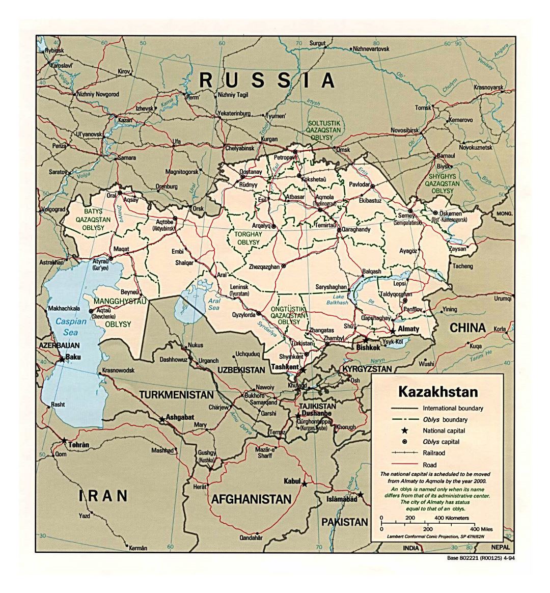 Large political and administrative map of Kazakhstan with roads, railroads and major cities - 1994