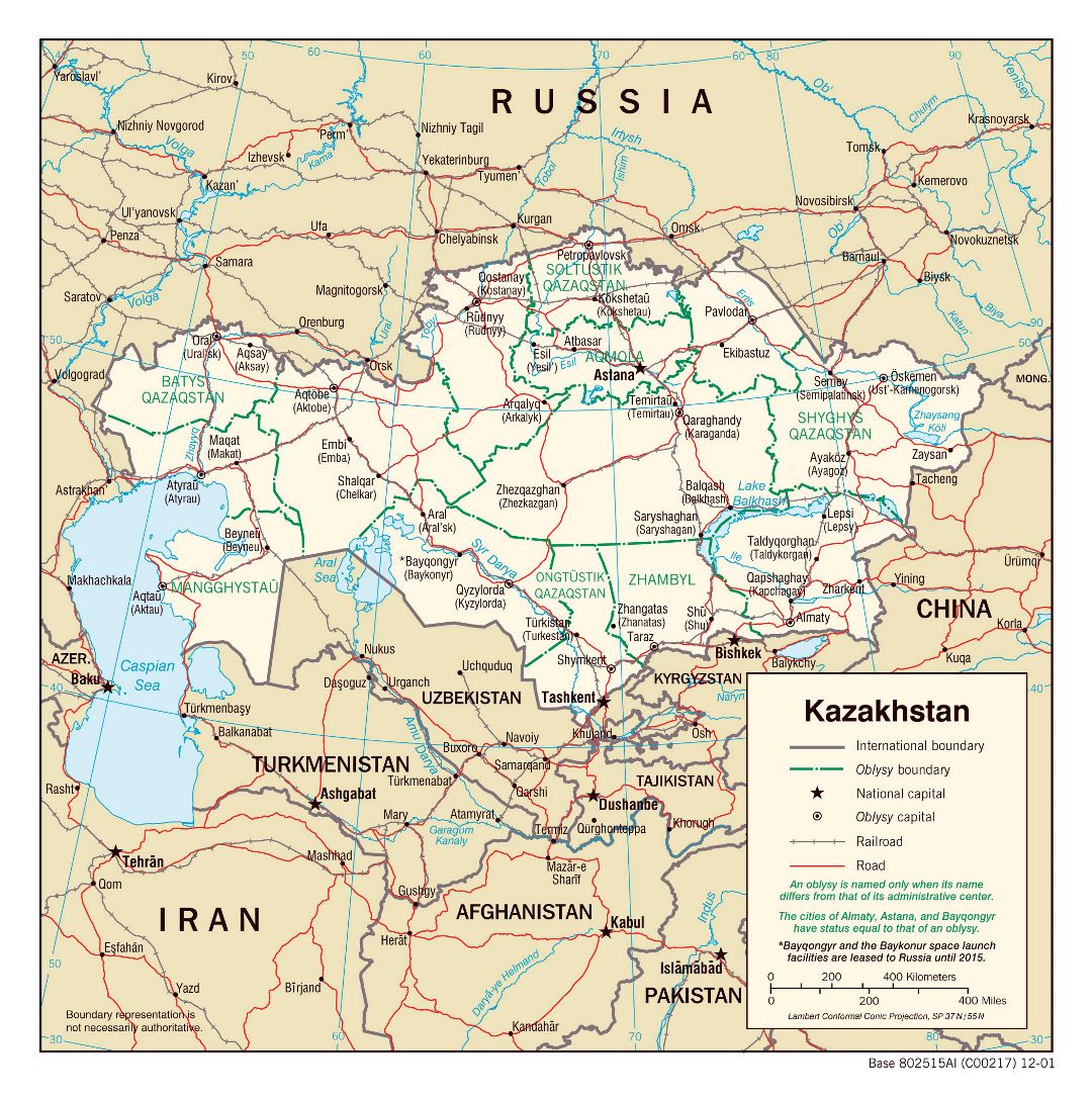 Large political and administrative map of Kazakhstan with roads, railroads and major cities - 2001