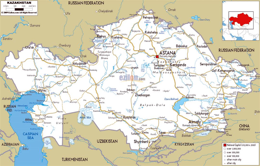 Large road map of Kazakhstan with cities and airports