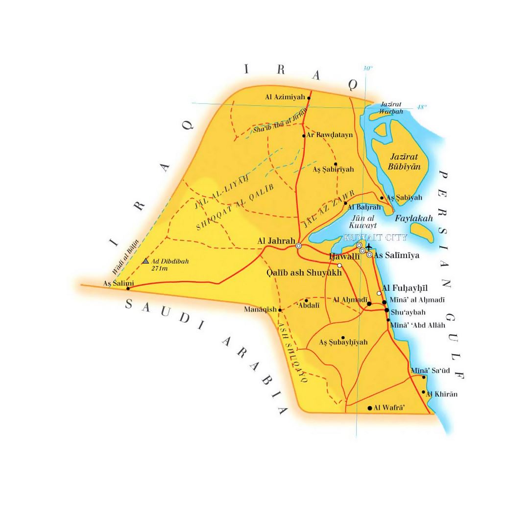 Detailed elevation map of Kuwait with roads, cities and airports