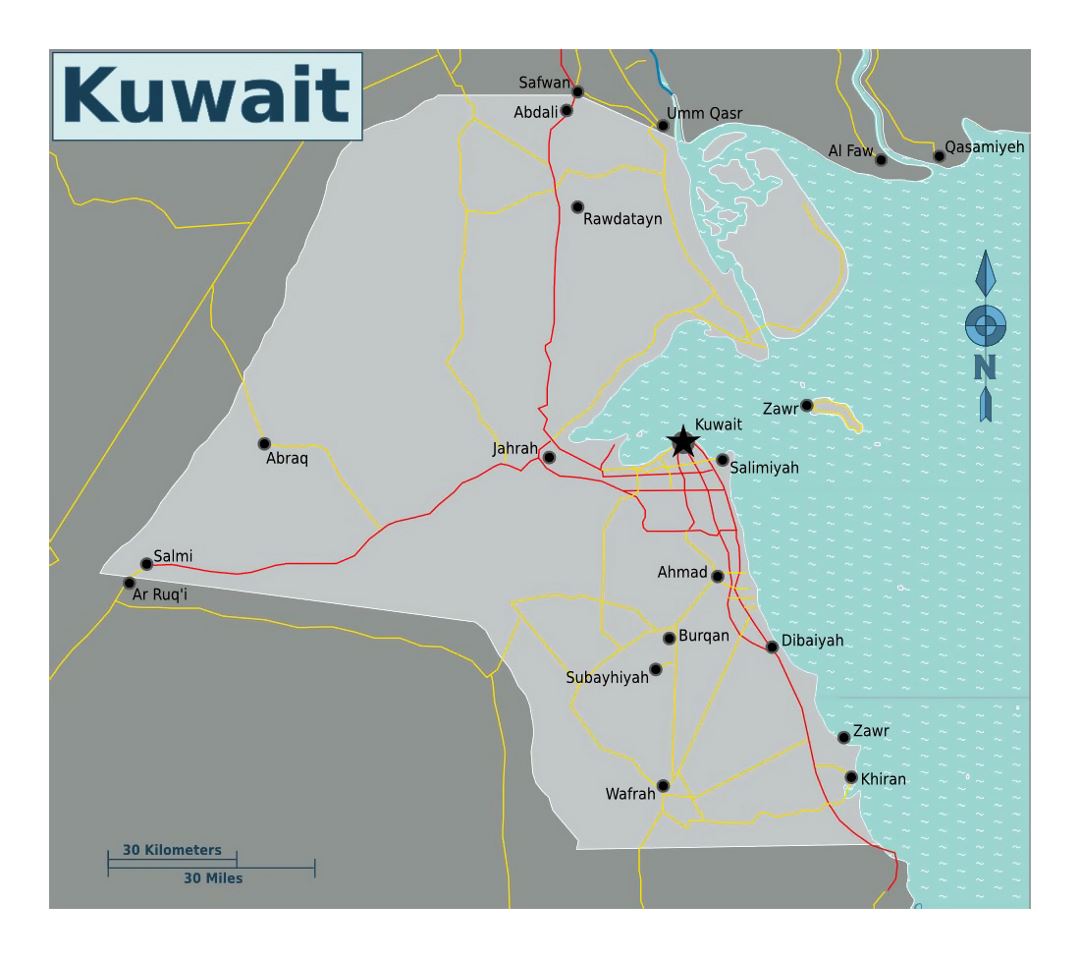 Detailed map of Kuwait with roads