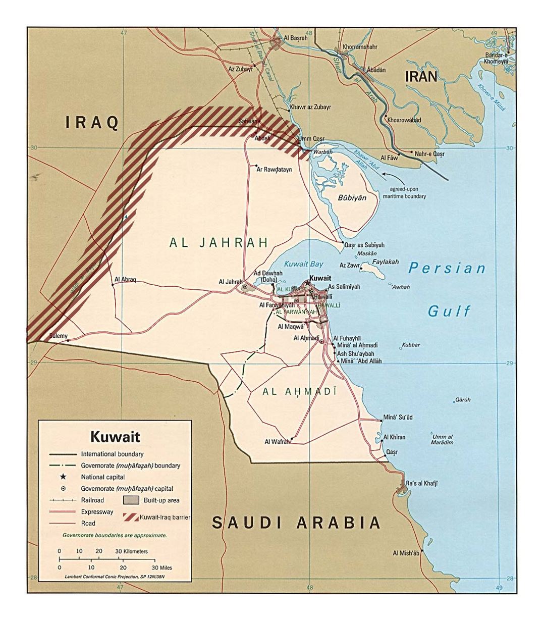 Detailed political map of Kuwait with Kuwait-Iraq barrier