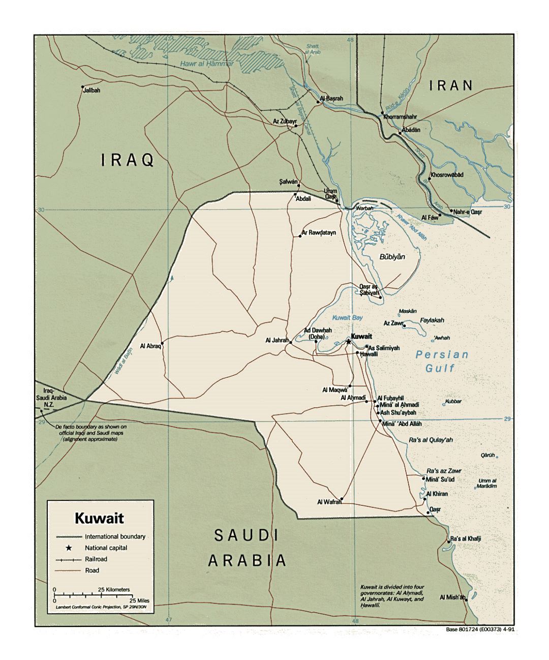 Detailed political map of Kuwait with roads, railroads and cities - 1991
