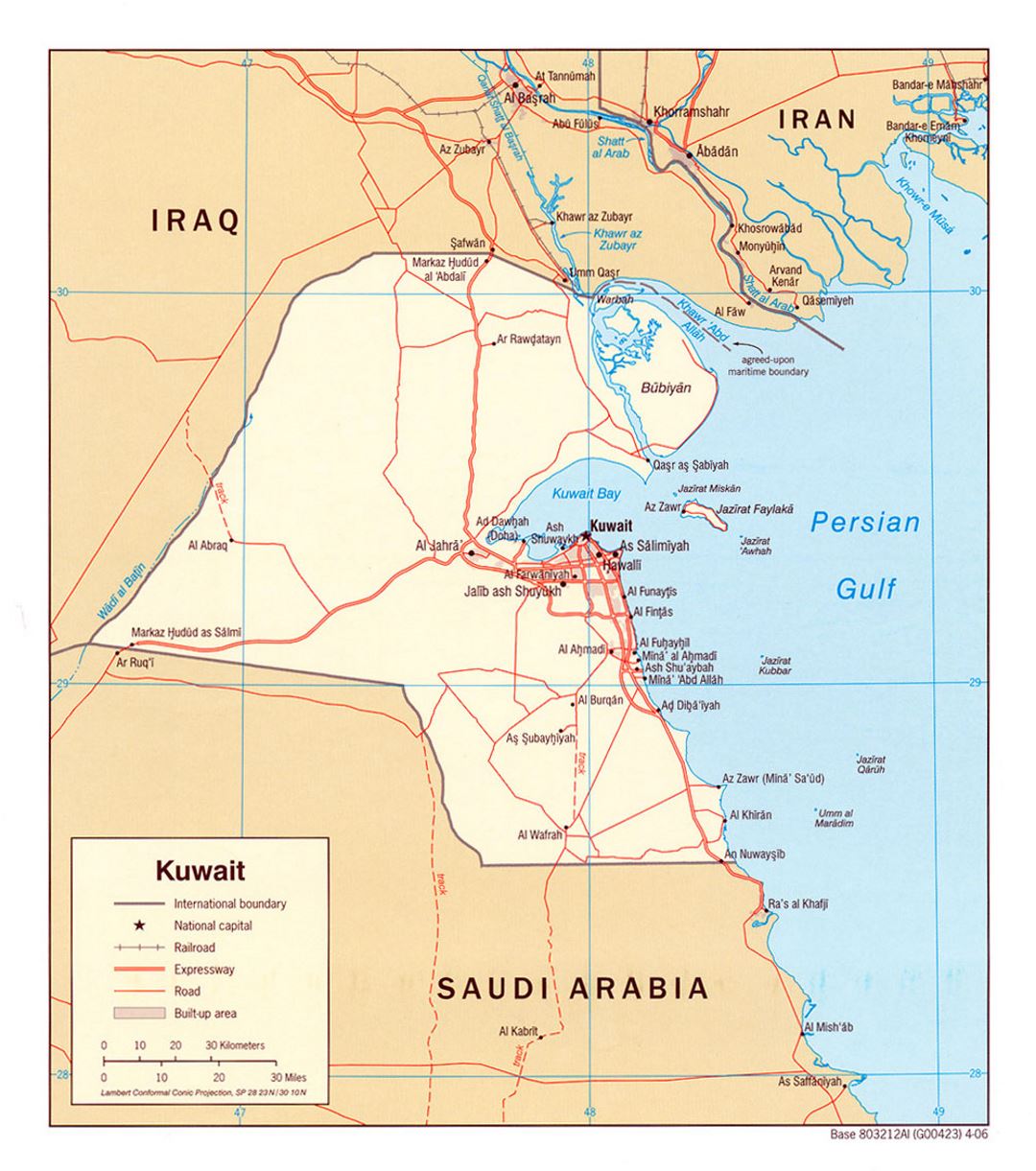 Detailed political map of Kuwait with roads, railroads and cities - 2006