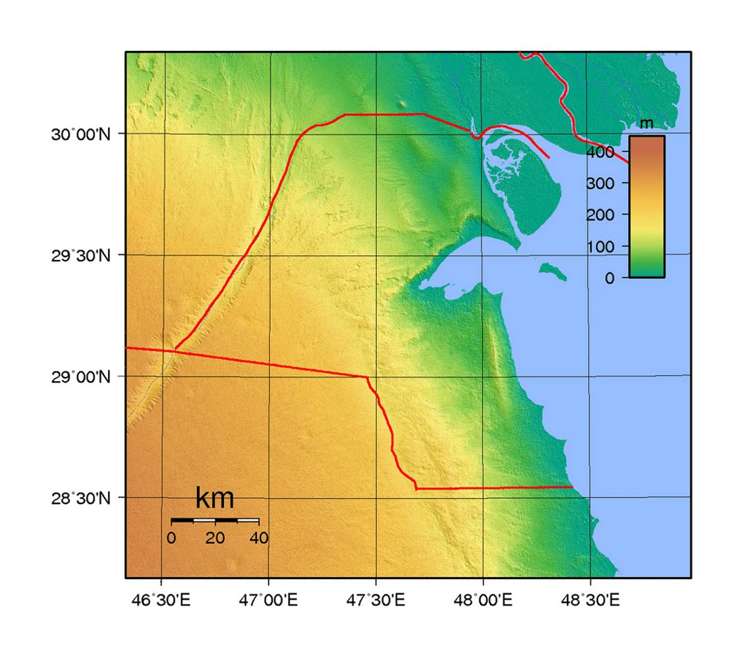 Detailed topographical map of Kuwait
