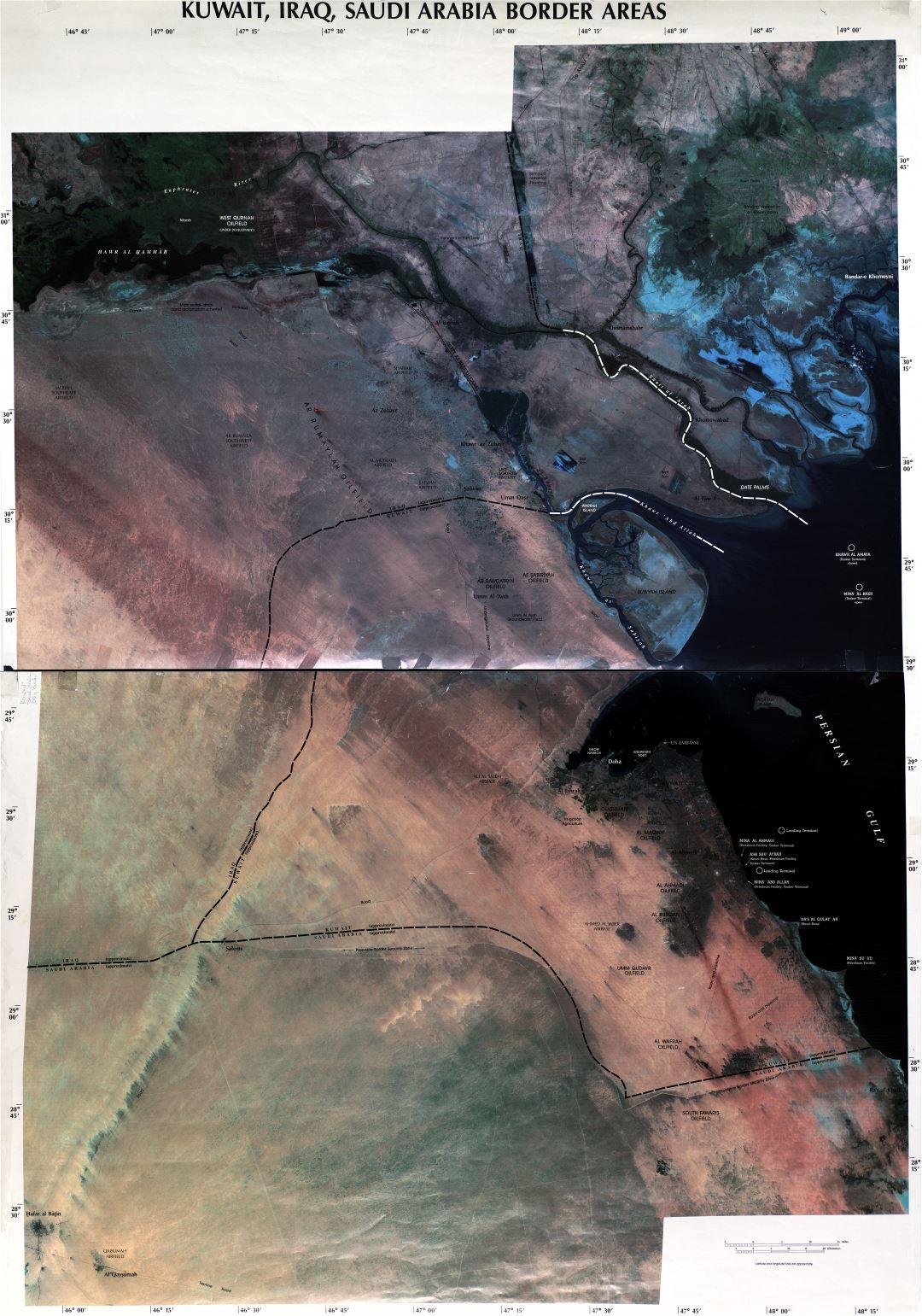 Large detailed satellite map of Kuwait, Iraq and Saudi Arabia border areas - 2003