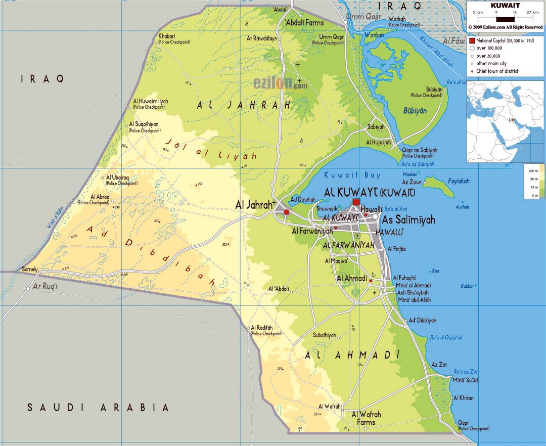 Large physical map of Kuwait with roads, cities and airports