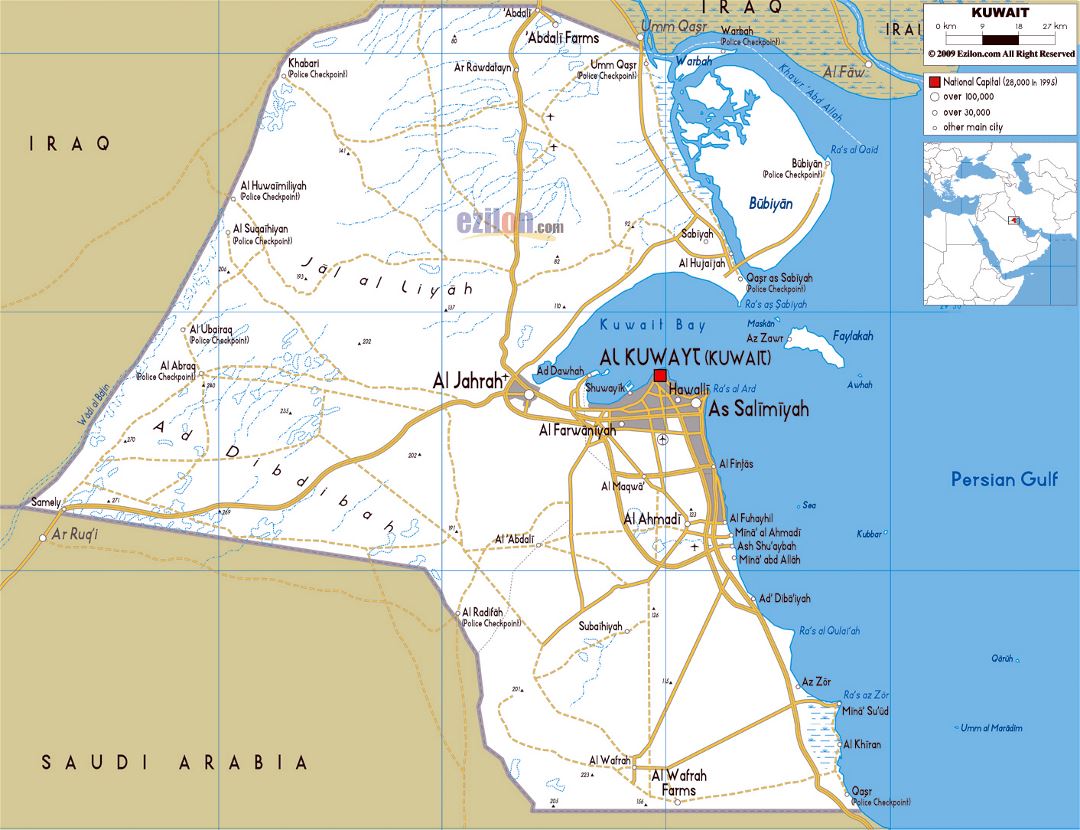 Large road map of Kuwait with cities and airports