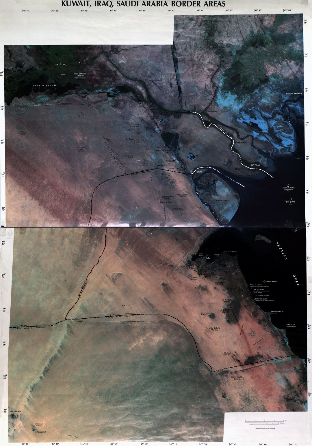 Large scale detailed satellite map of Kuwait, Iraq and Saudi Arabia border areas - 2003