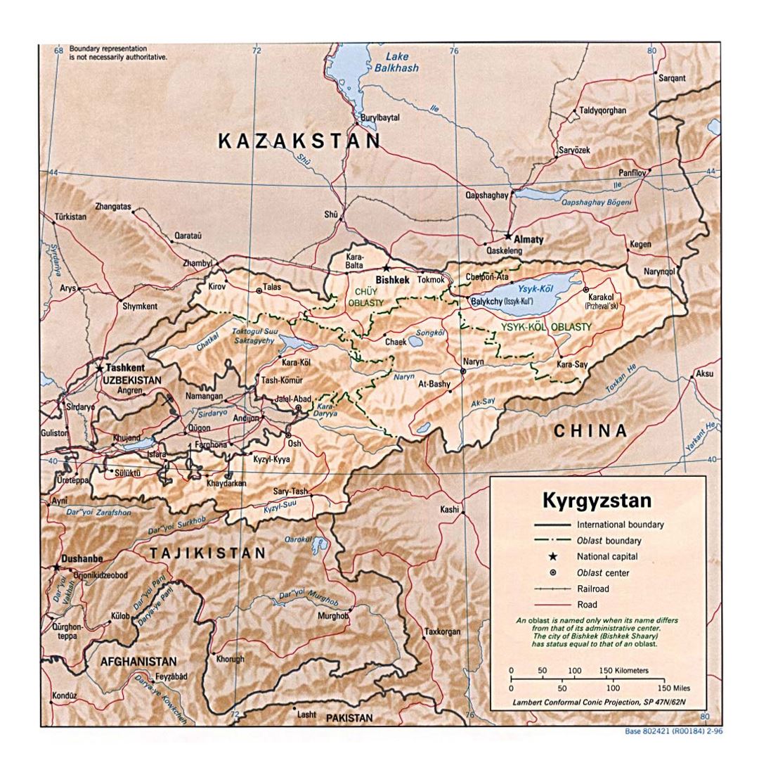 Detailed political and administrative map of Kyrgyzstan with relief, roads, railroads and major cities - 1996