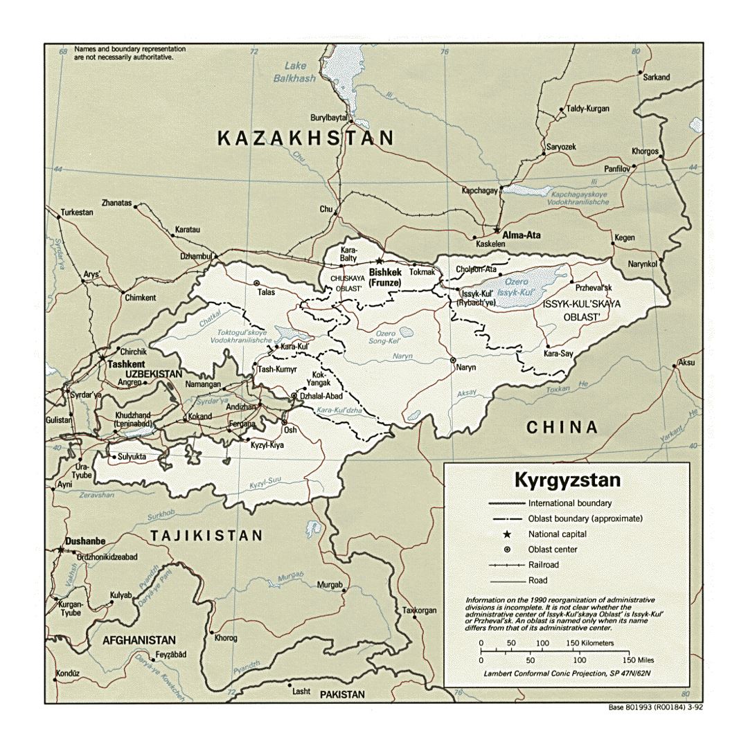 Detailed political and administrative map of Kyrgyzstan with roads, railroads and major cities - 1992