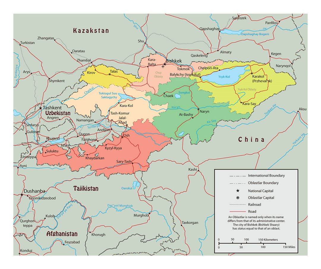 Detailed political and administrative map of Kyrgyzstan with roads, railroads, major cities and airports