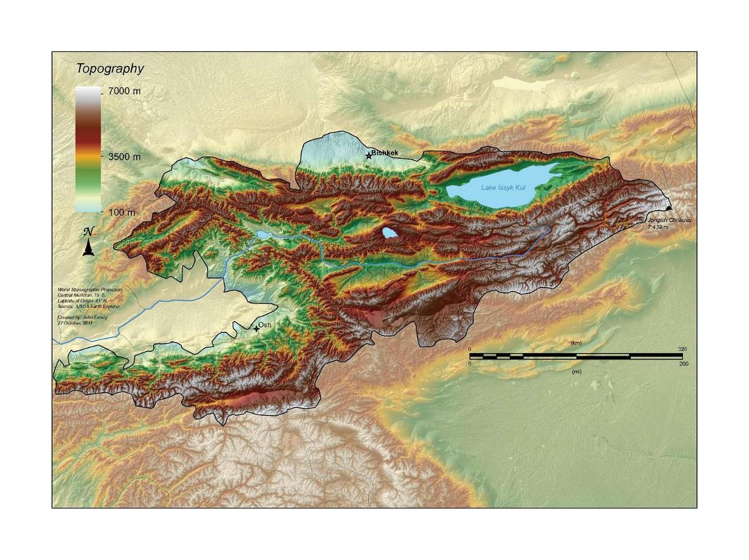 Detailed topographical map of Kyrgyzstan