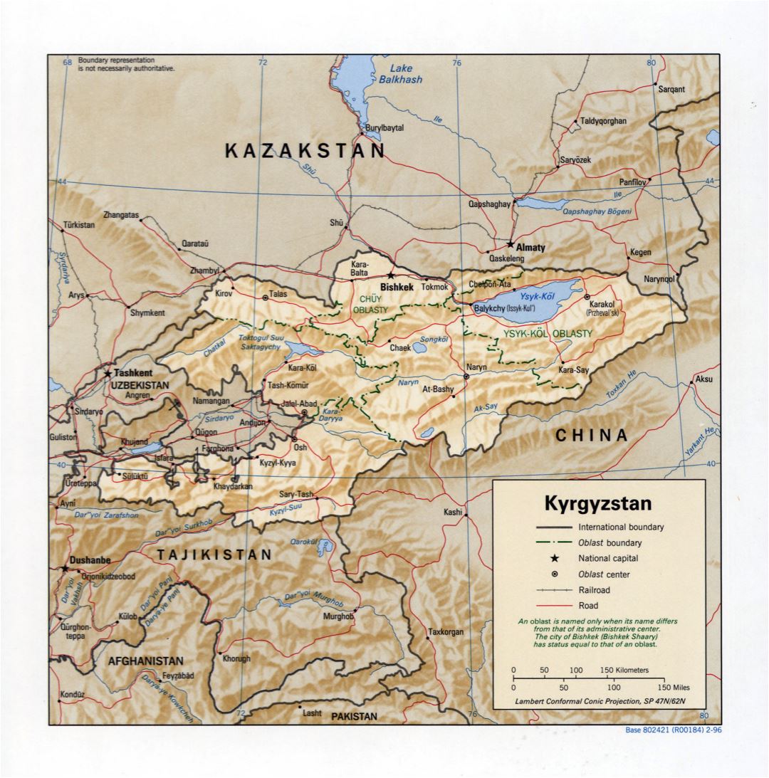 Large detailed political and administrative map of Kyrgyzstan with relief, roads, railroads and major cities - 1996