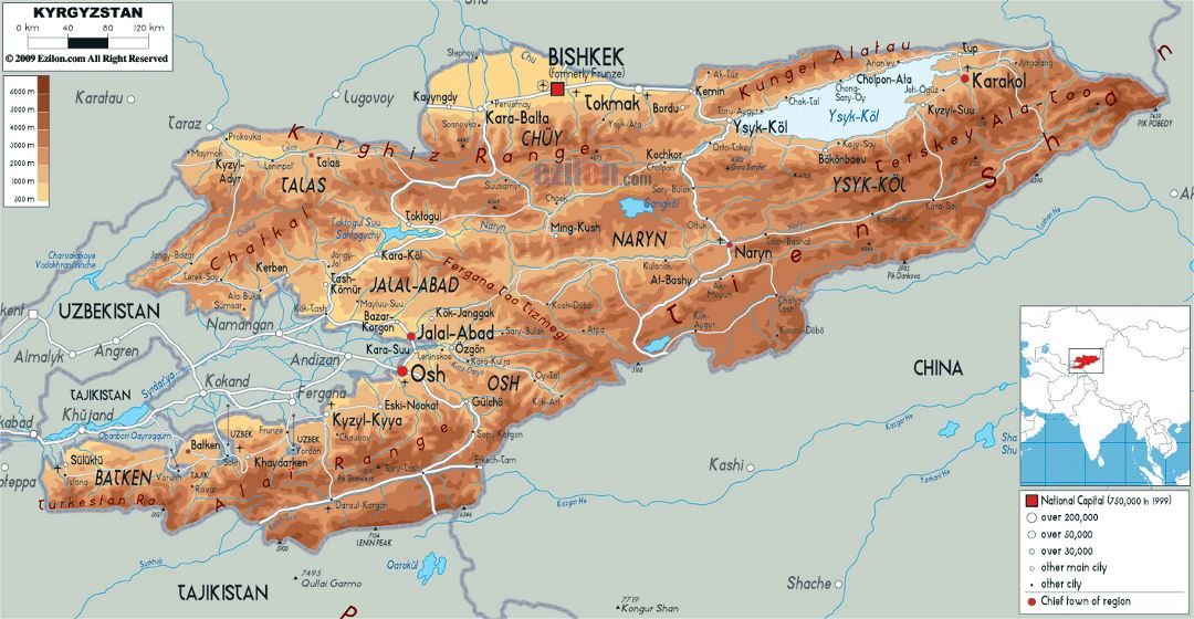 Large physical map of Kyrgyzstan with roads, cities and airports