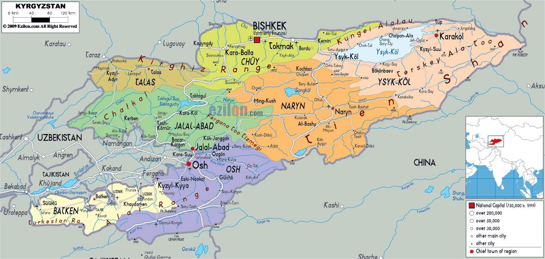 Large political and administrative map of Kyrgyzstan with roads, cities and airports