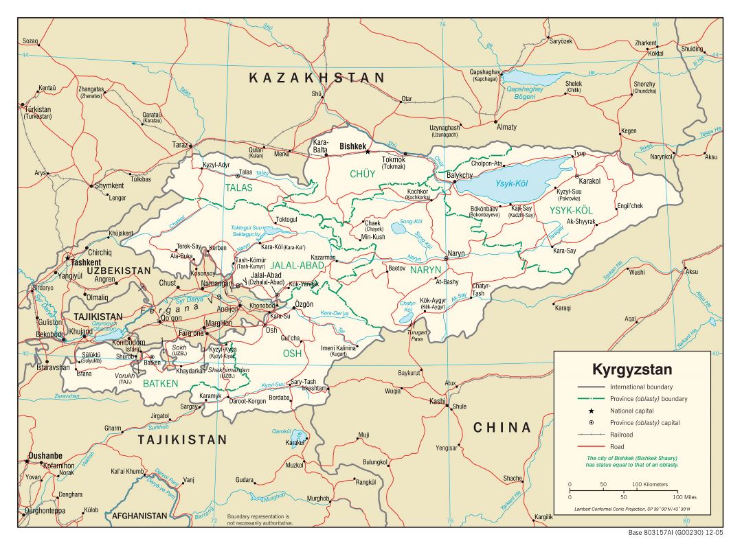 Large political and administrative map of Kyrgyzstan with roads, railroads and major cities - 2005