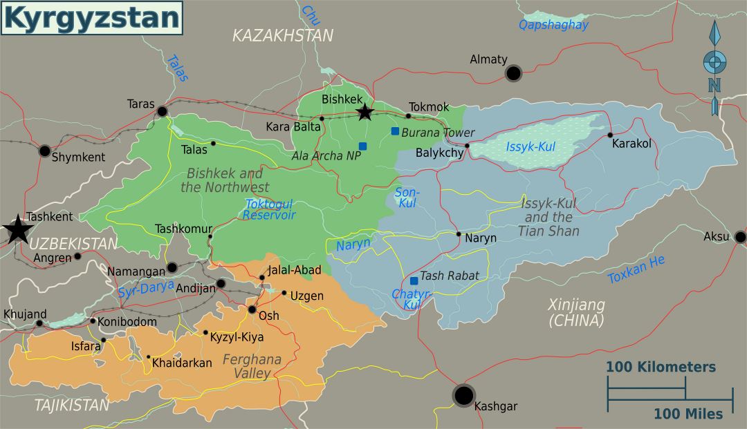Large regions map of Kyrgyzstan