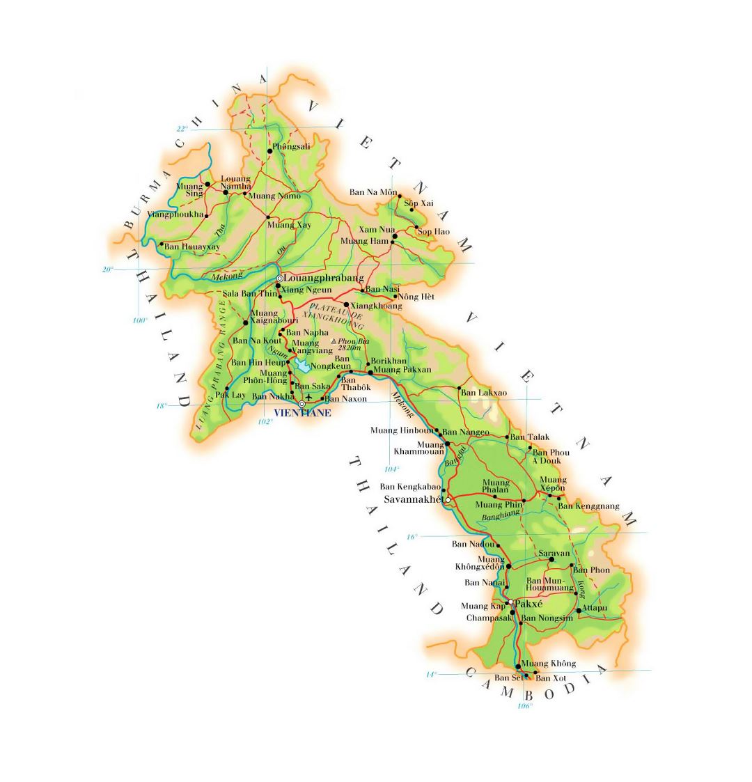 Detailed elevation map of Laos with roads, cities and airports