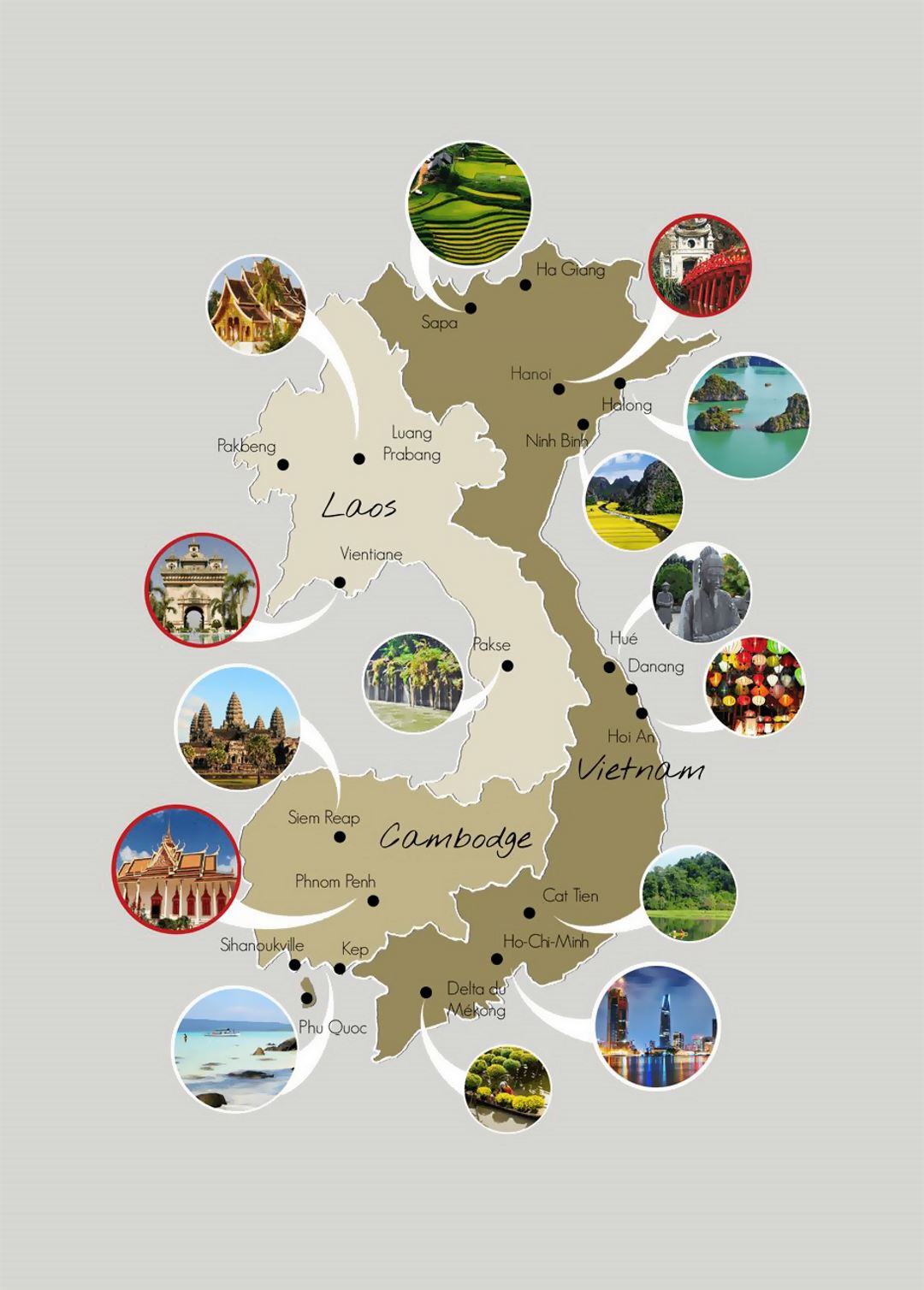 Detailed points of interests map of Laos, Vietnam and Cambodge