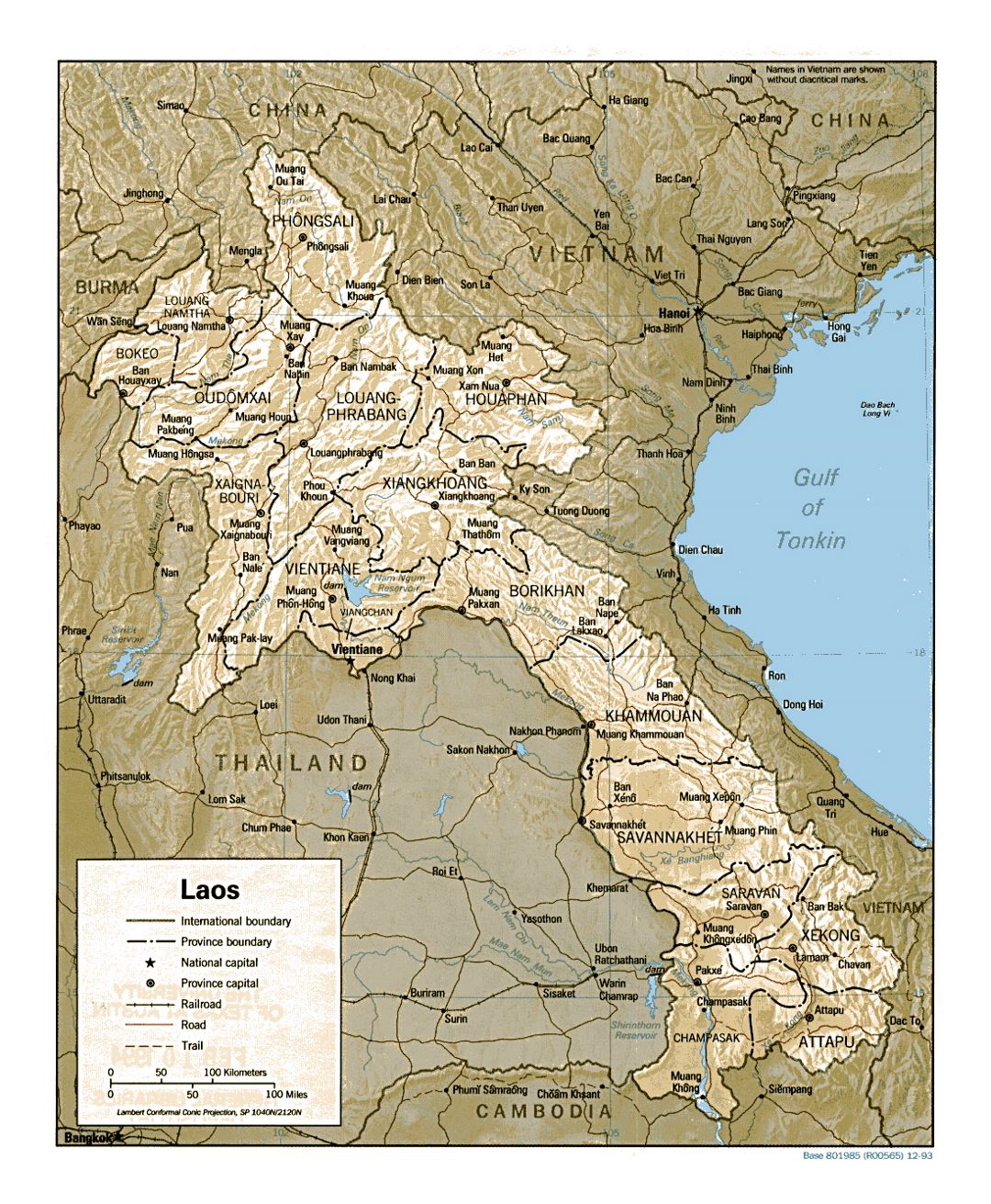 Detailed political and administrative map of Laos with relief, roads, railroads and major cities - 1993