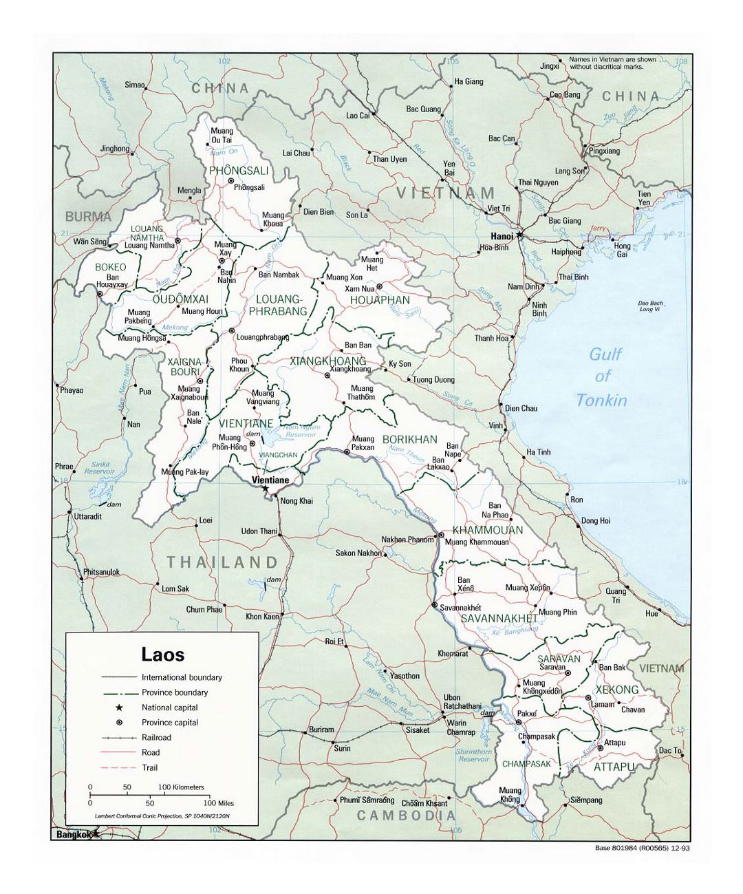 Detailed political and administrative map of Laos with roads, railroads and major cities - 1993