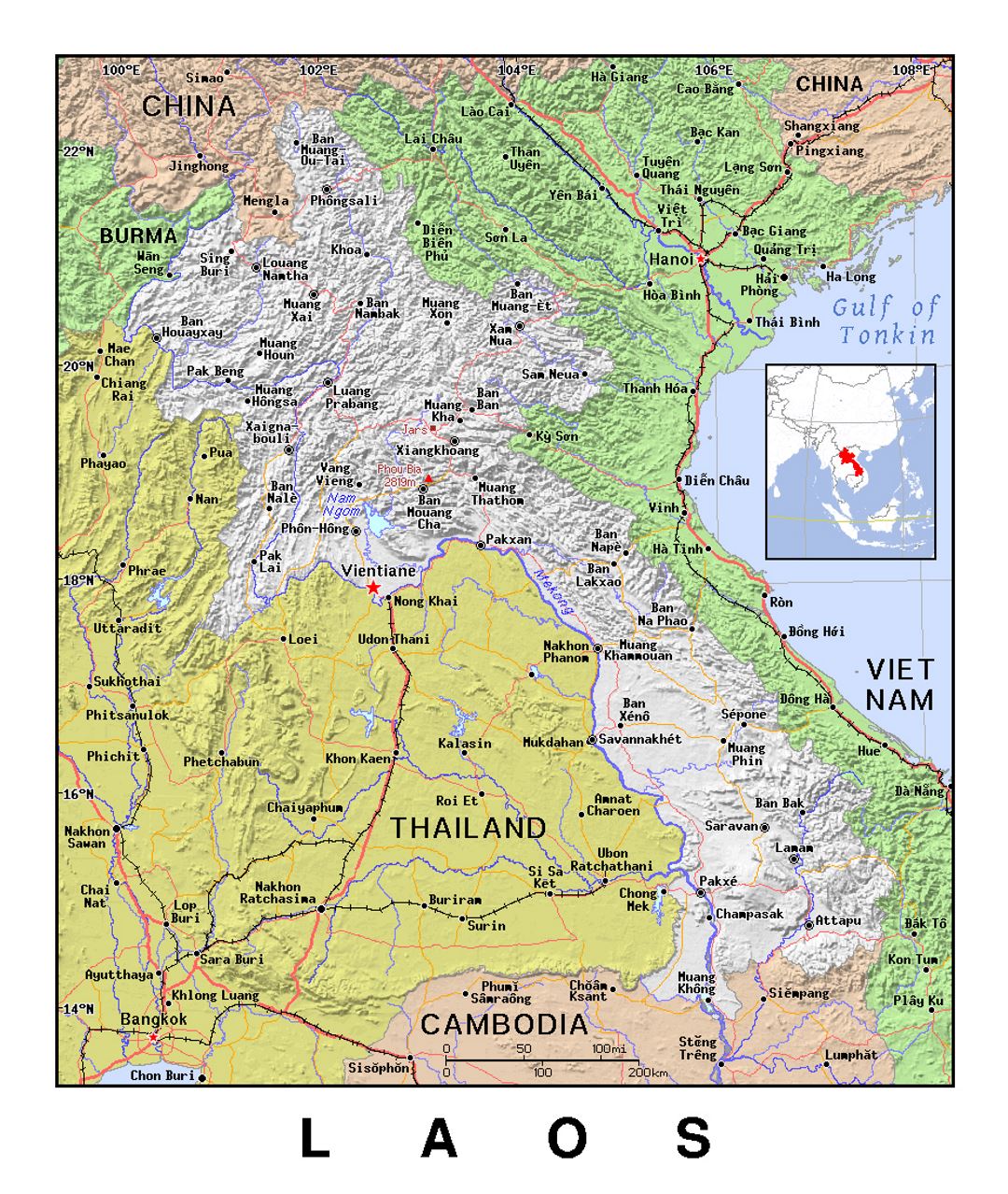 Detailed political map of Laos with relief