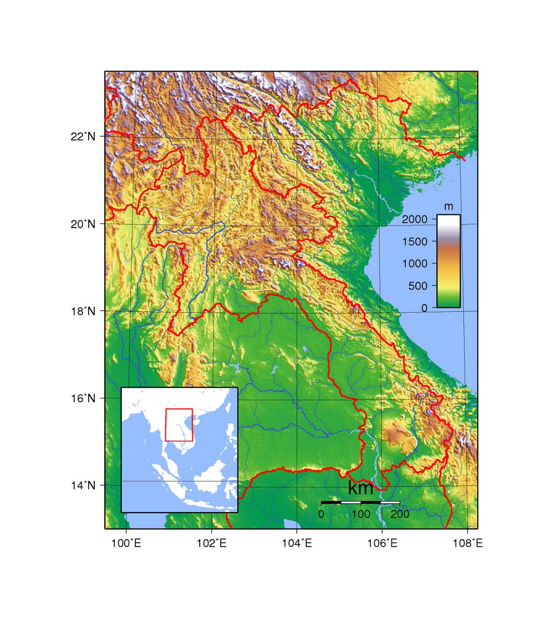 Detailed topographical map of Laos