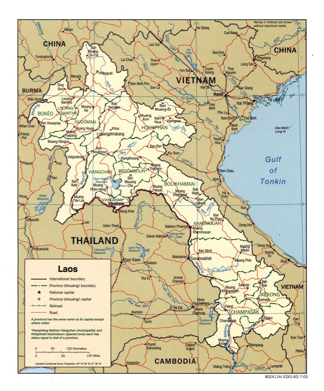 Large detailed political and administrative map of Laos with roads, railroads and major cities - 2003