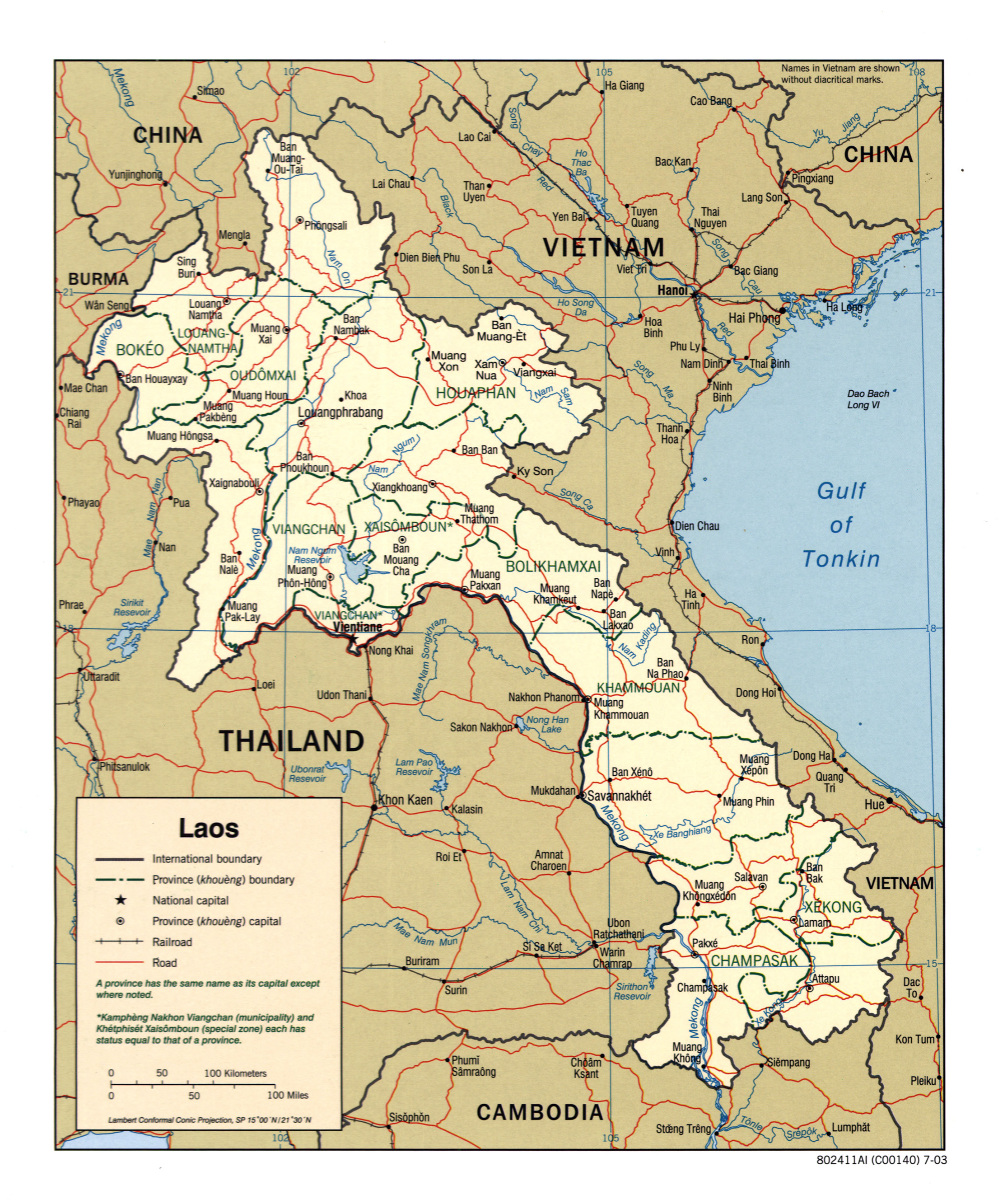 Large detailed political and administrative map of Laos with roads