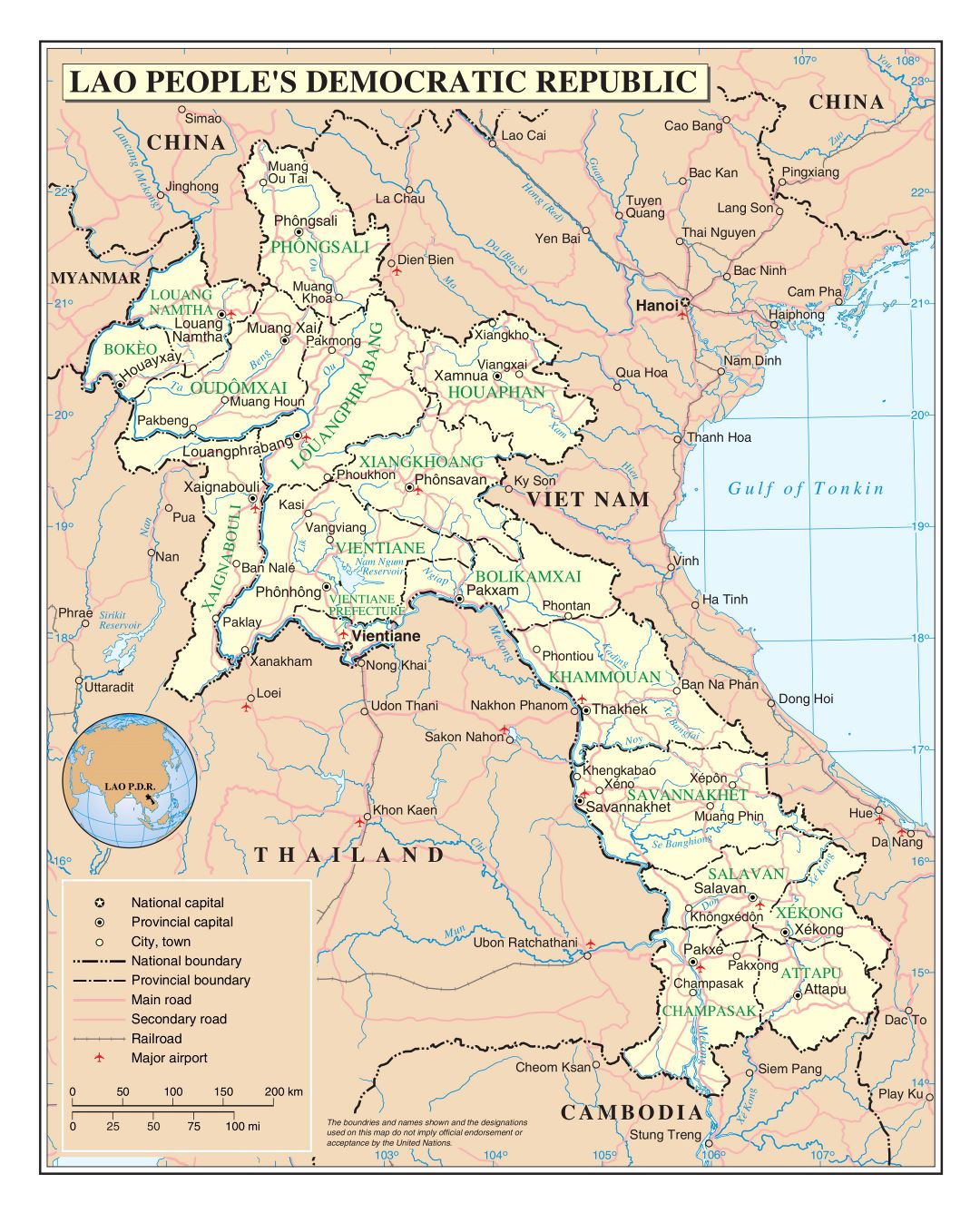 Large detailed political and administrative map of Laos with roads, railroads, cities and airports