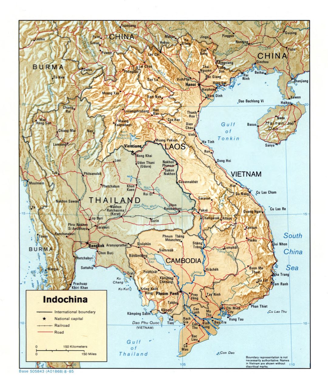 Large detailed political map of Indochina with relief, roads, railroads and major cities - 1985