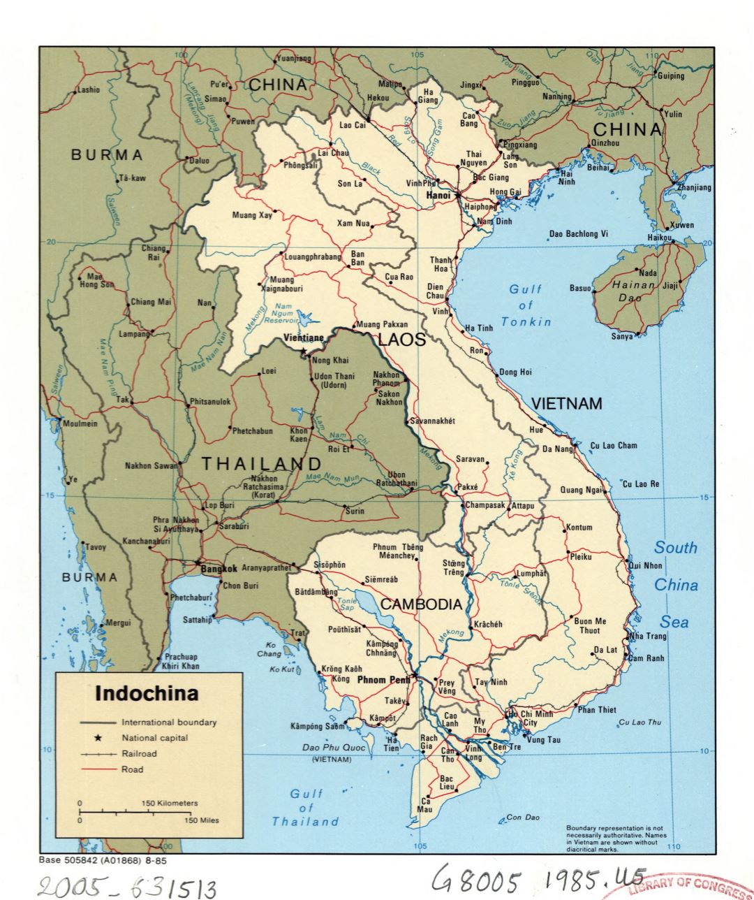 Large detailed political map of Indochina with roads, railroads and major cities - 1985