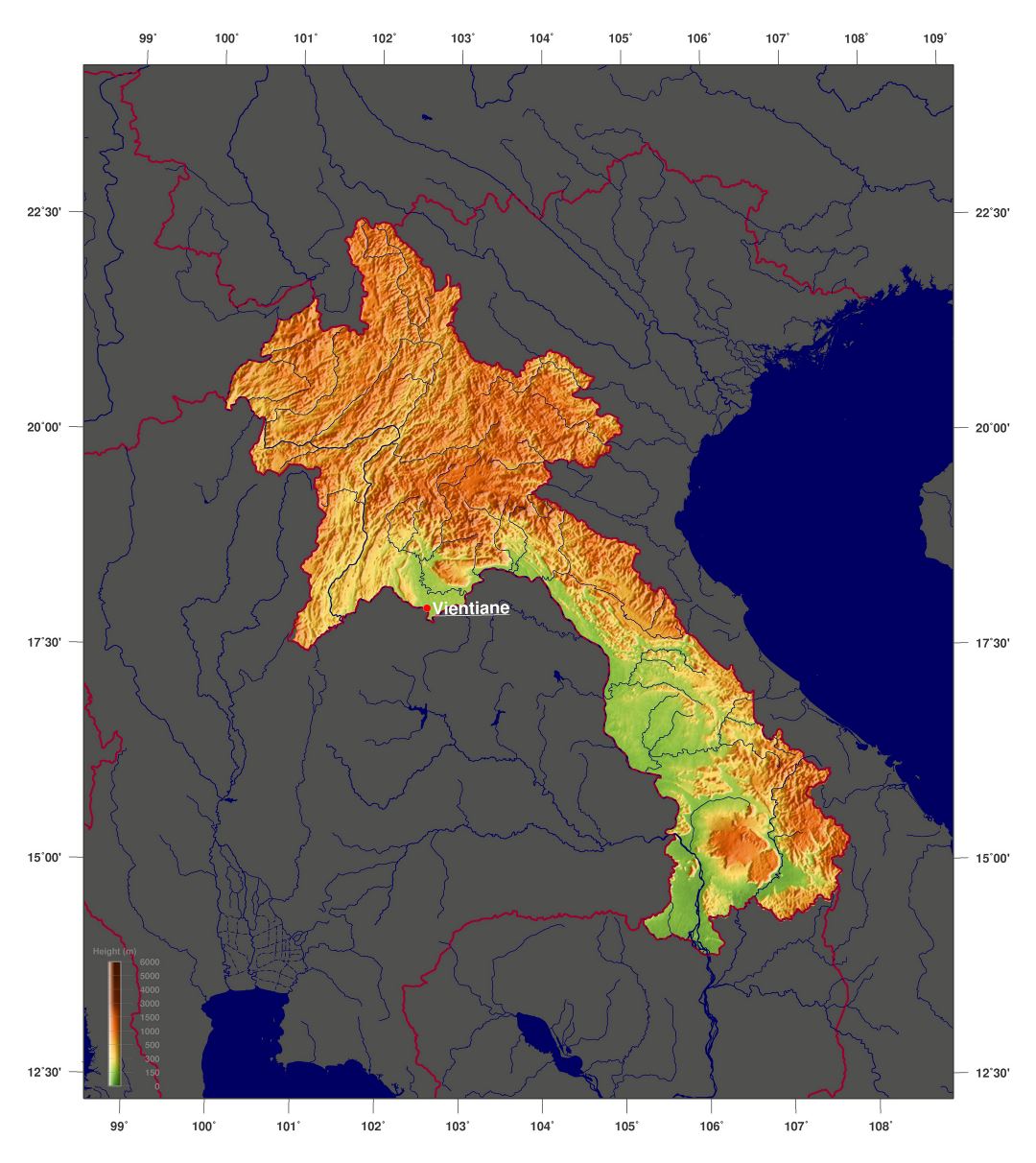 Large physical map of Laos