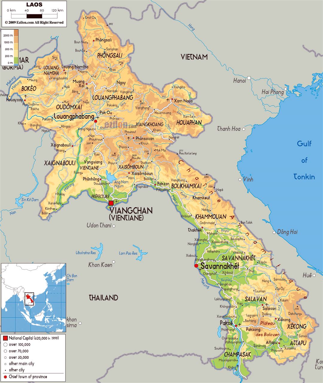 Large physical map of Laos with roads, cities and airports