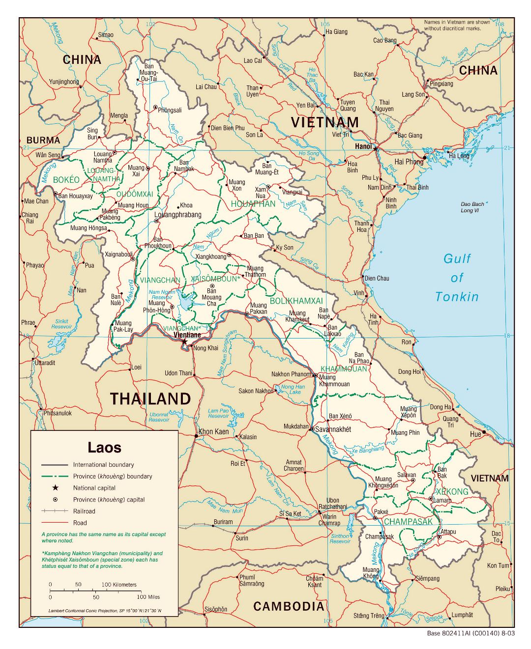 Large political and administrative map of Laos with roads, railroads and major cities - 2003