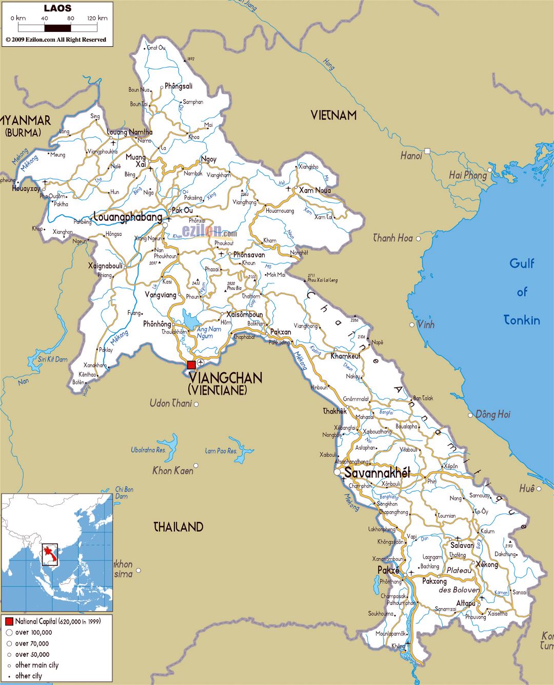 Large road map of Laos with cities and airports