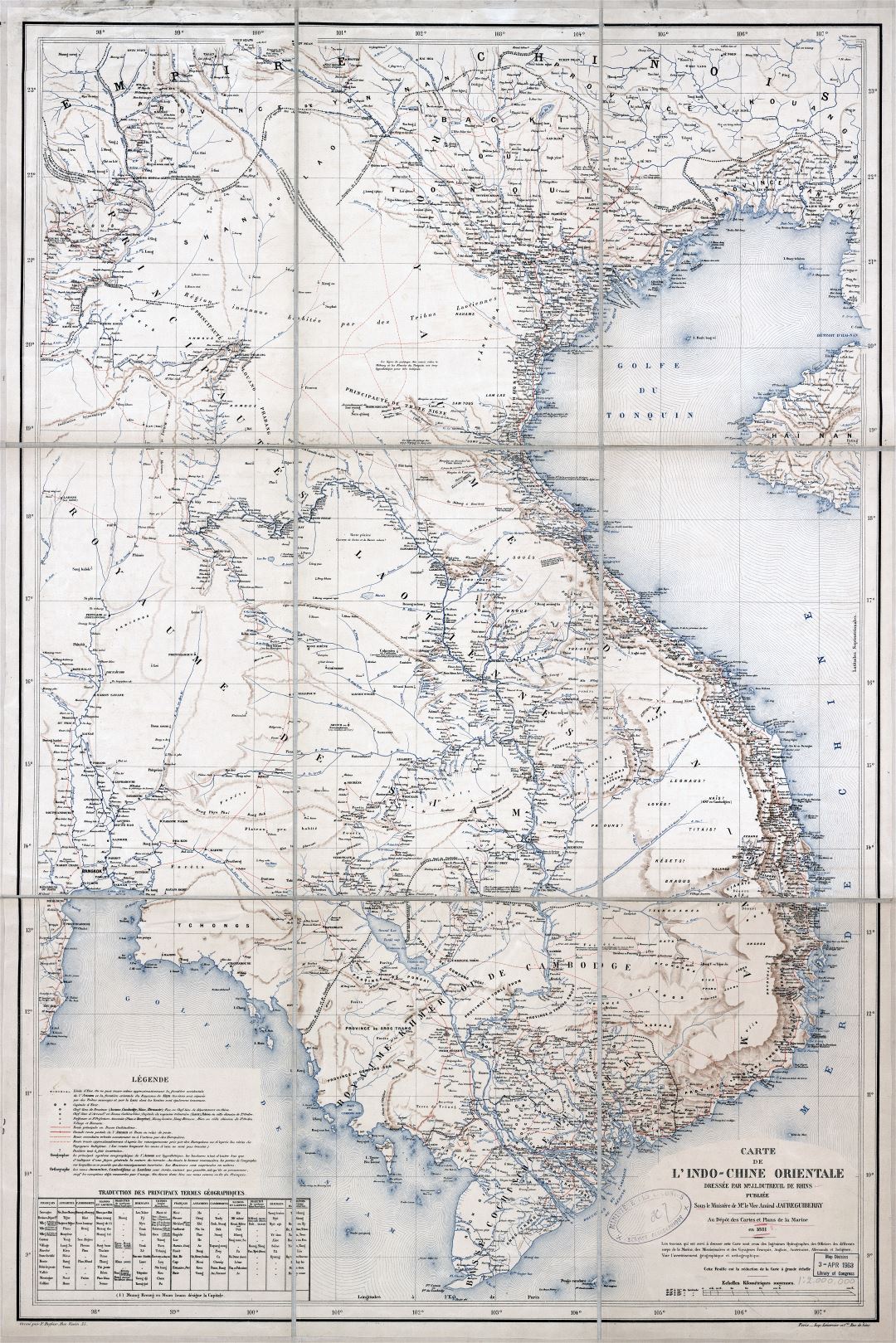 Large scale detailed old map of Indochina with relief and other marks - 1881