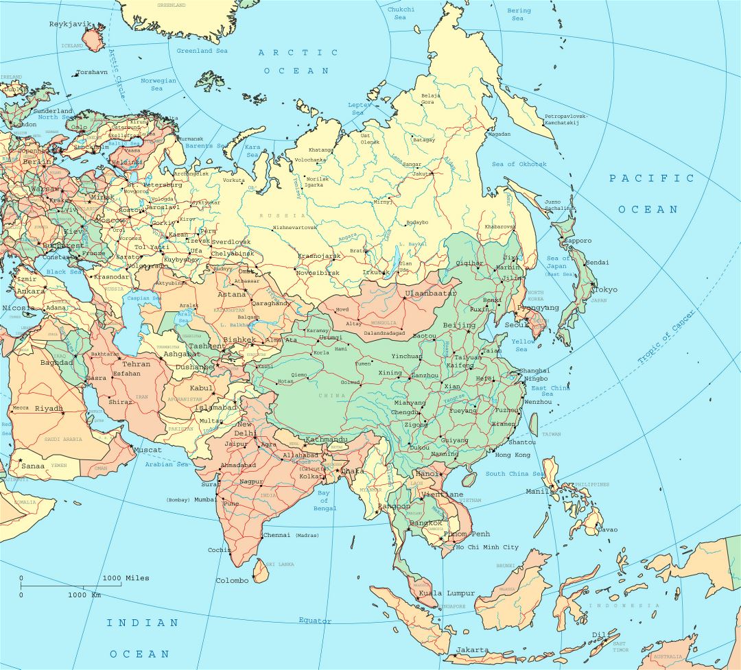 Large detailed political map of Asia with all capitals, major cities and major roads