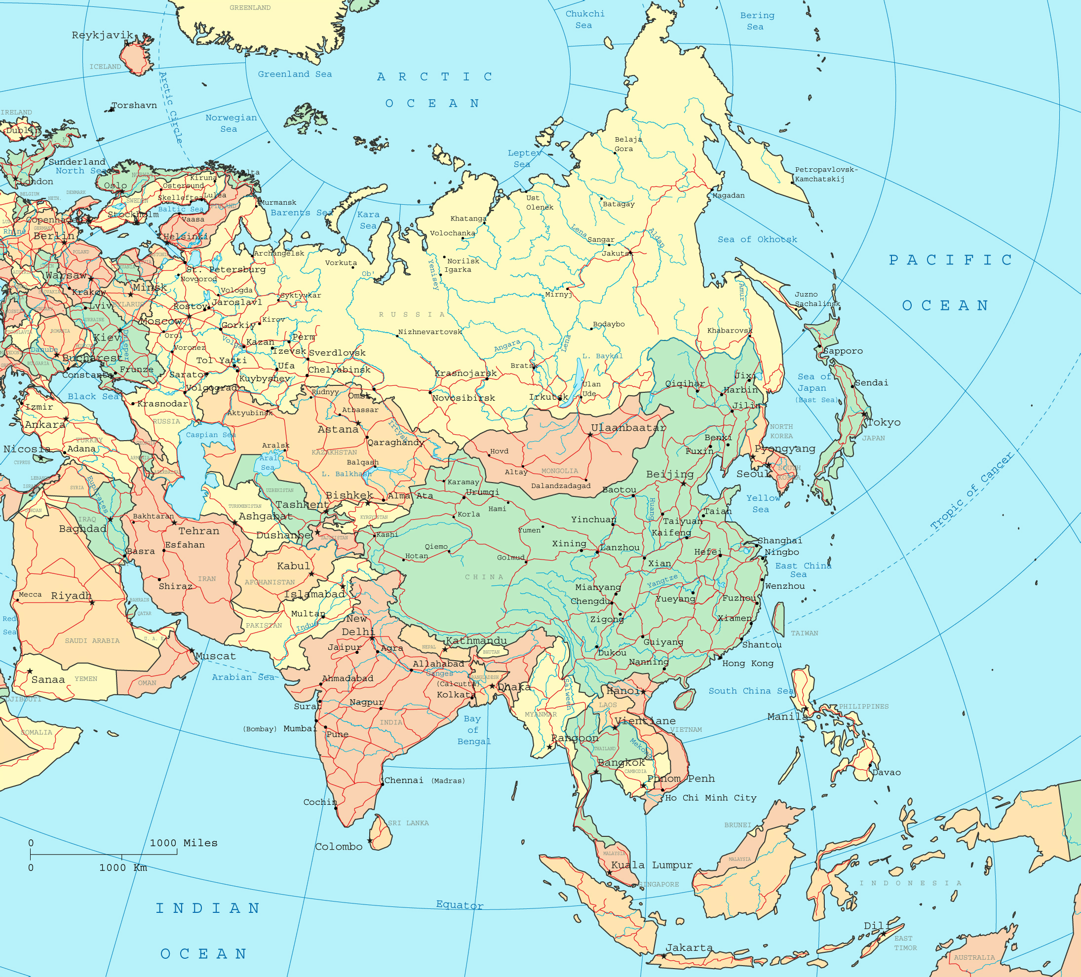 Large Political Map Of Asia With Capitals And Major Cities Large Political Map Of Asia With Capitals And Major Cities