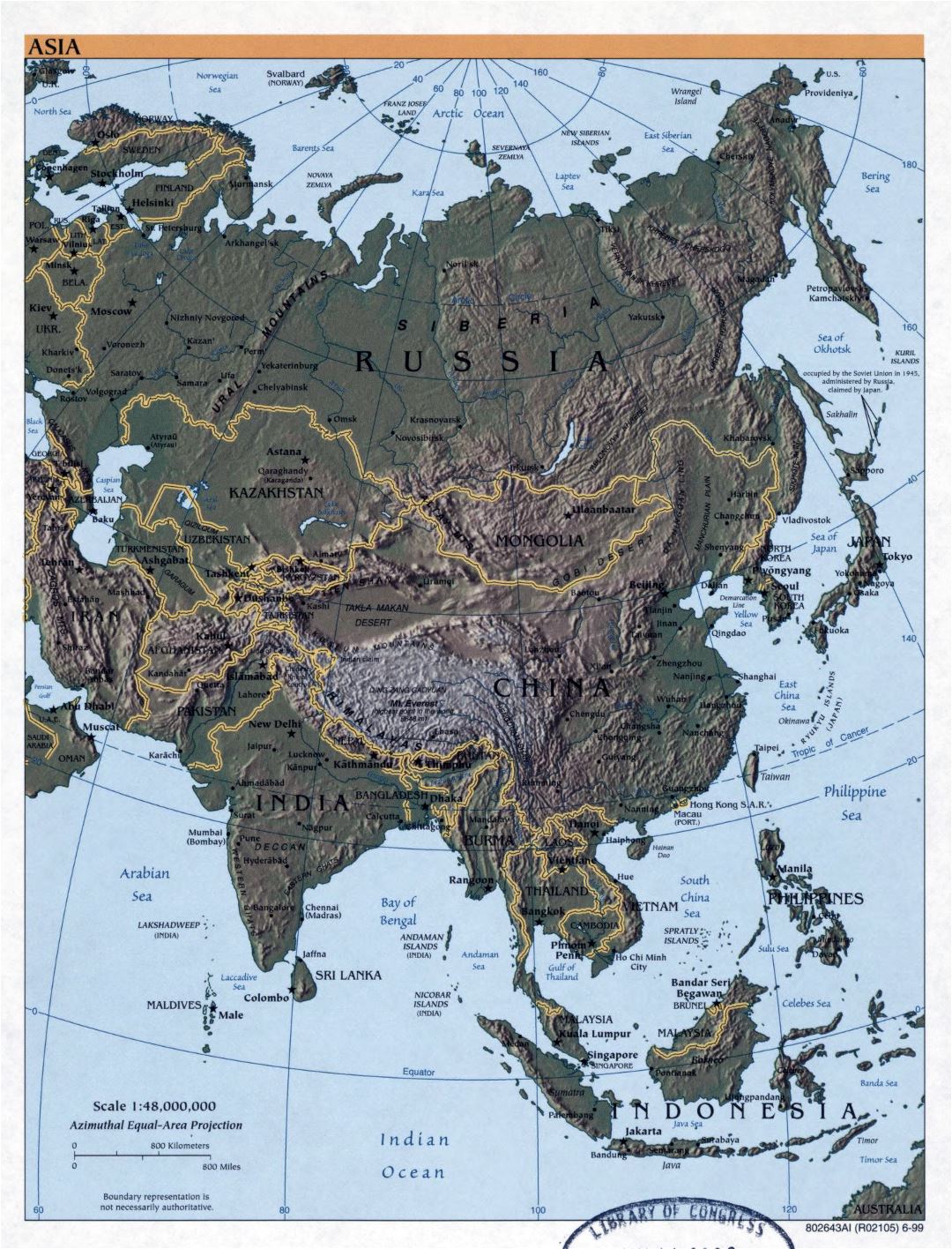 Large detailed political map of Asia with relief and capitals - 1999