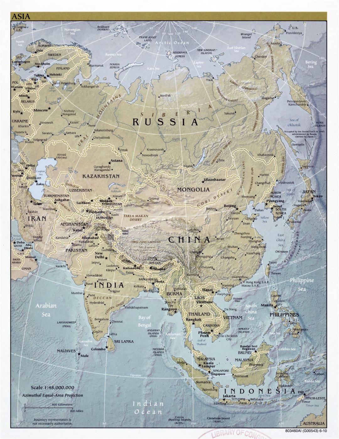 Large detailed political map of Asia with relief, major cities and capitals - 2010