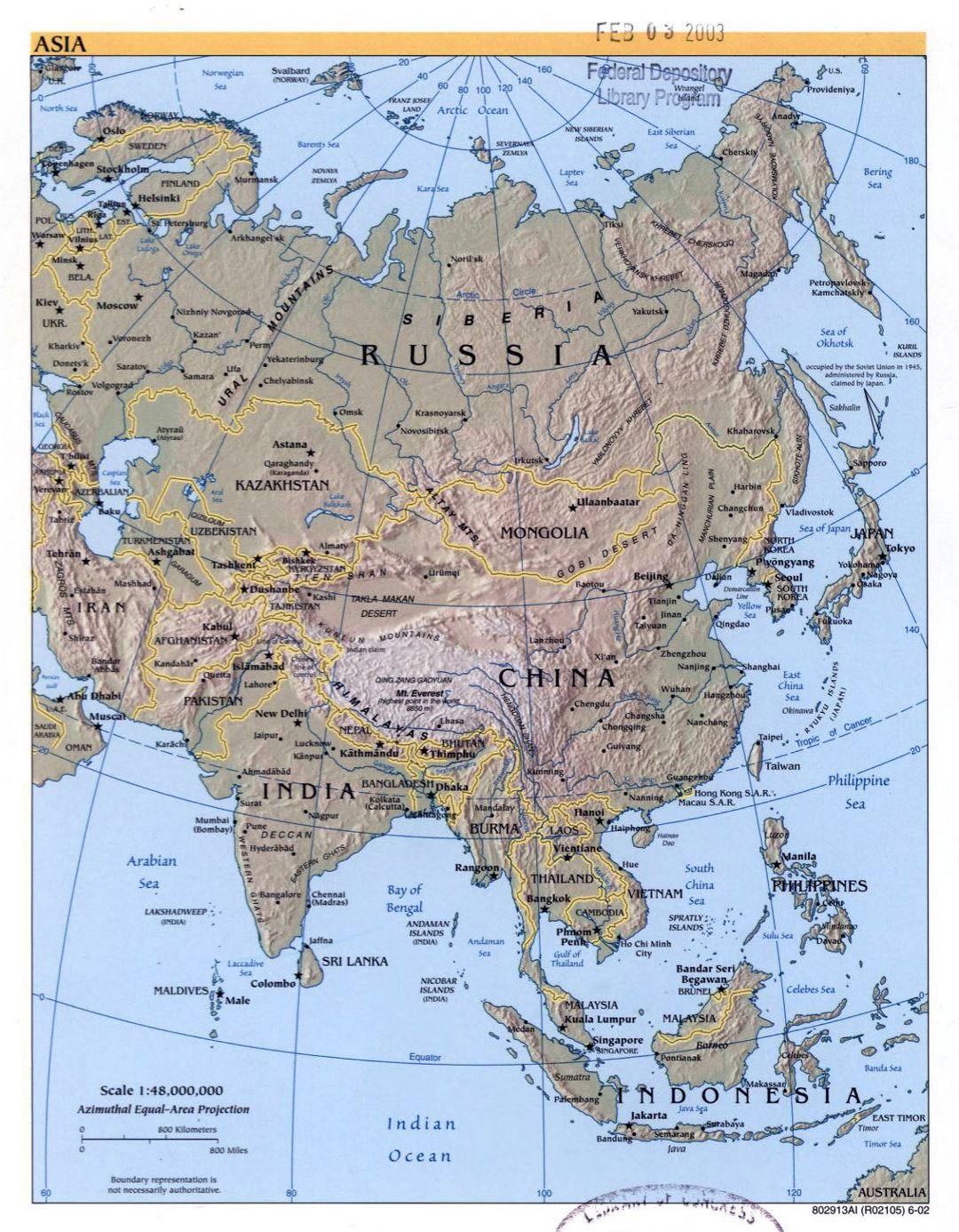 Large political map of Asia with relief, major cities and capitals - 2002