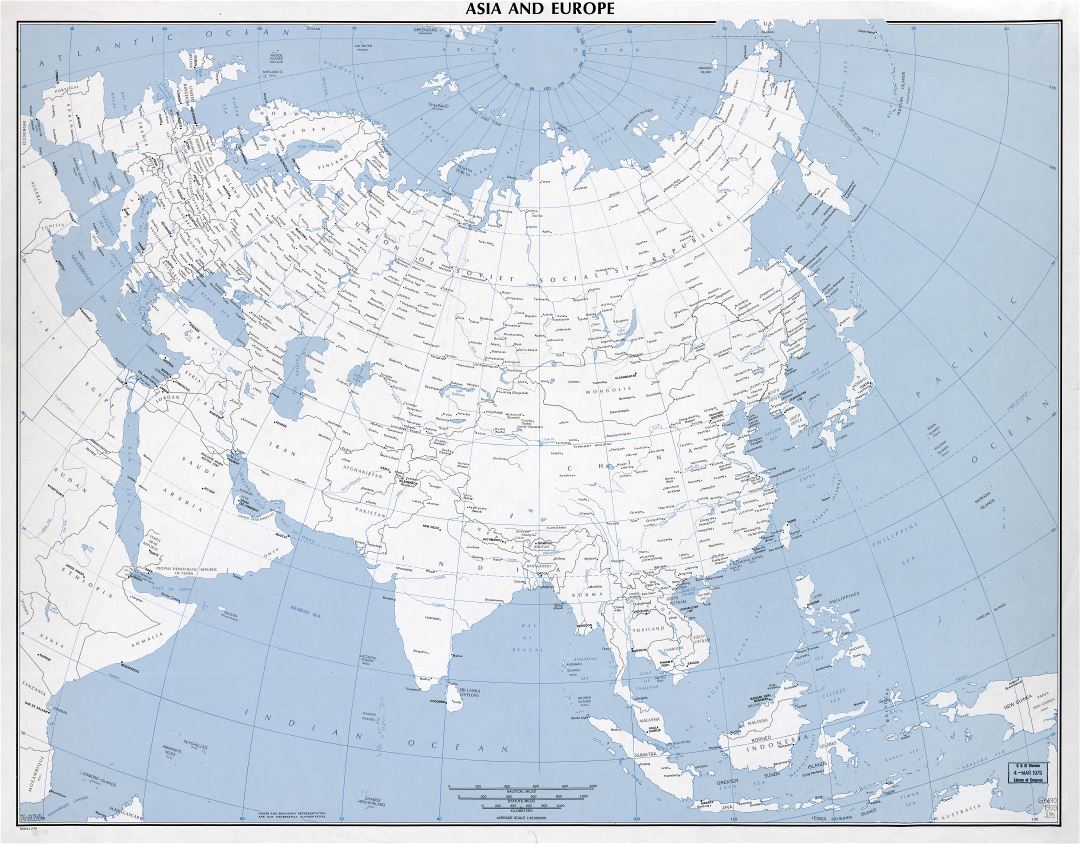 Large scale detailed political map of Asia and Europe with major cities - 1975