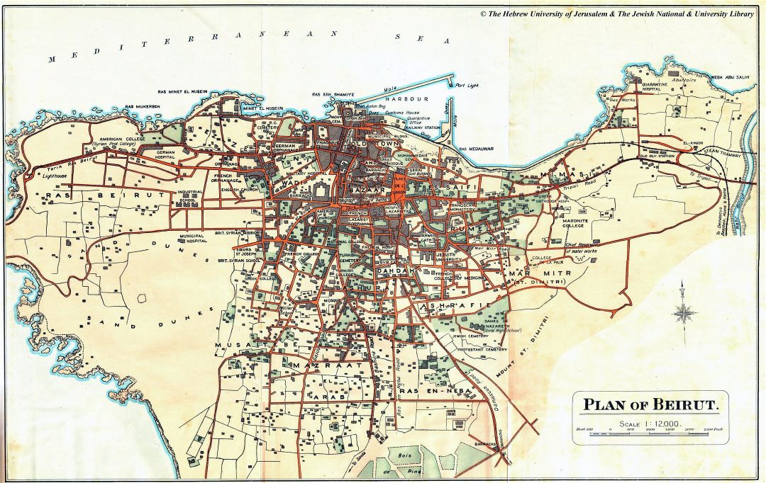 Large detailed old map of Beirut city with buildings - 1923