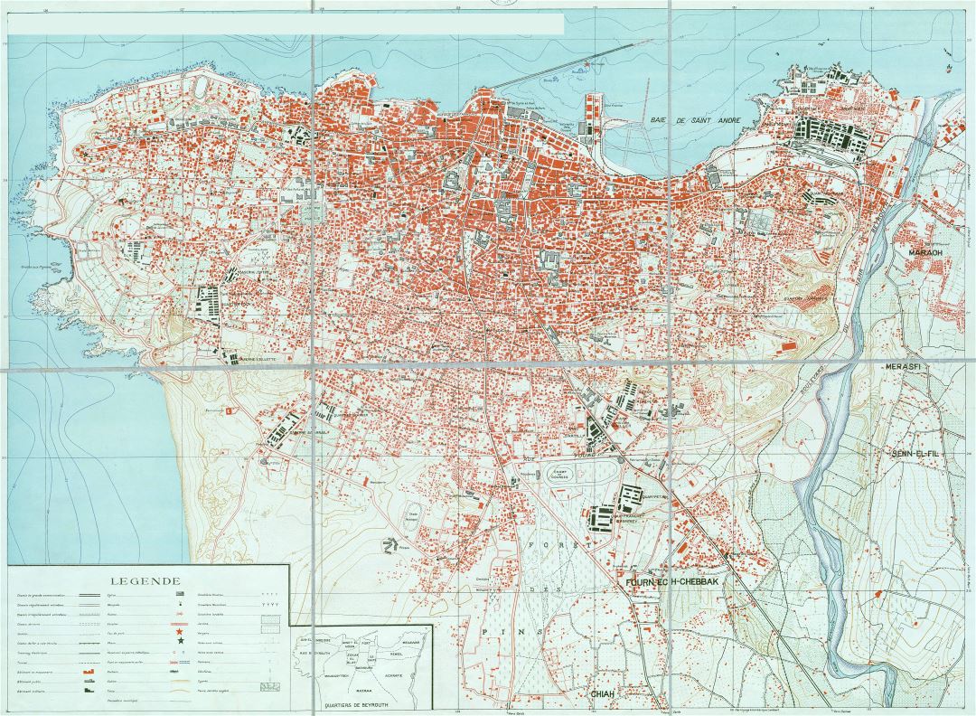 Large old map of Beirut city with buildings - 1936