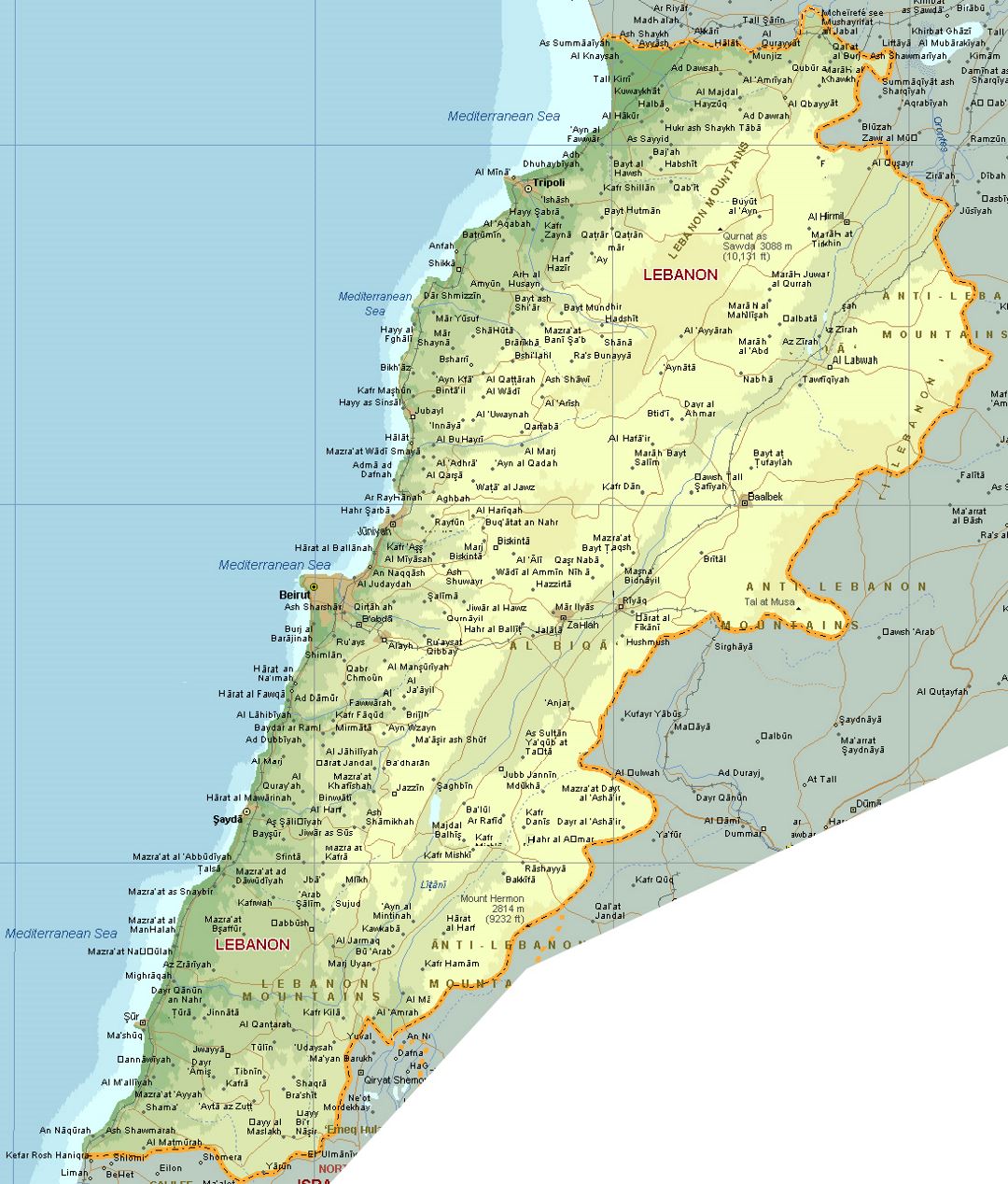 Detailed elevation map of Lebanon with roads, railroads and all cities